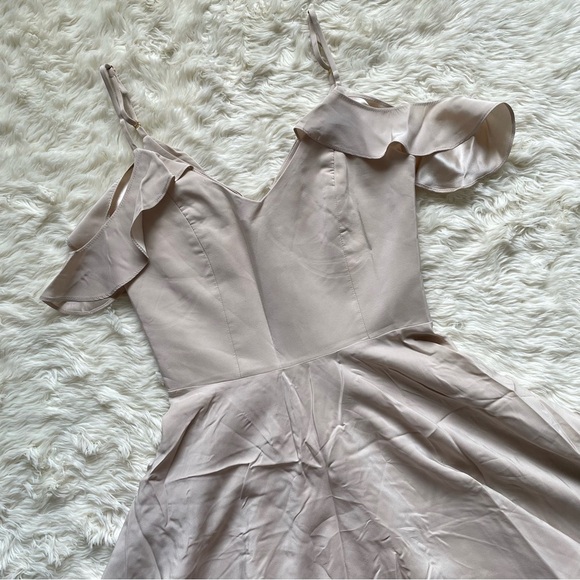 Amanda Uprichard Dress Tate Cold Shoulder Fit & Flare 100% Silk Bone Nude P - Picture 5 of 16